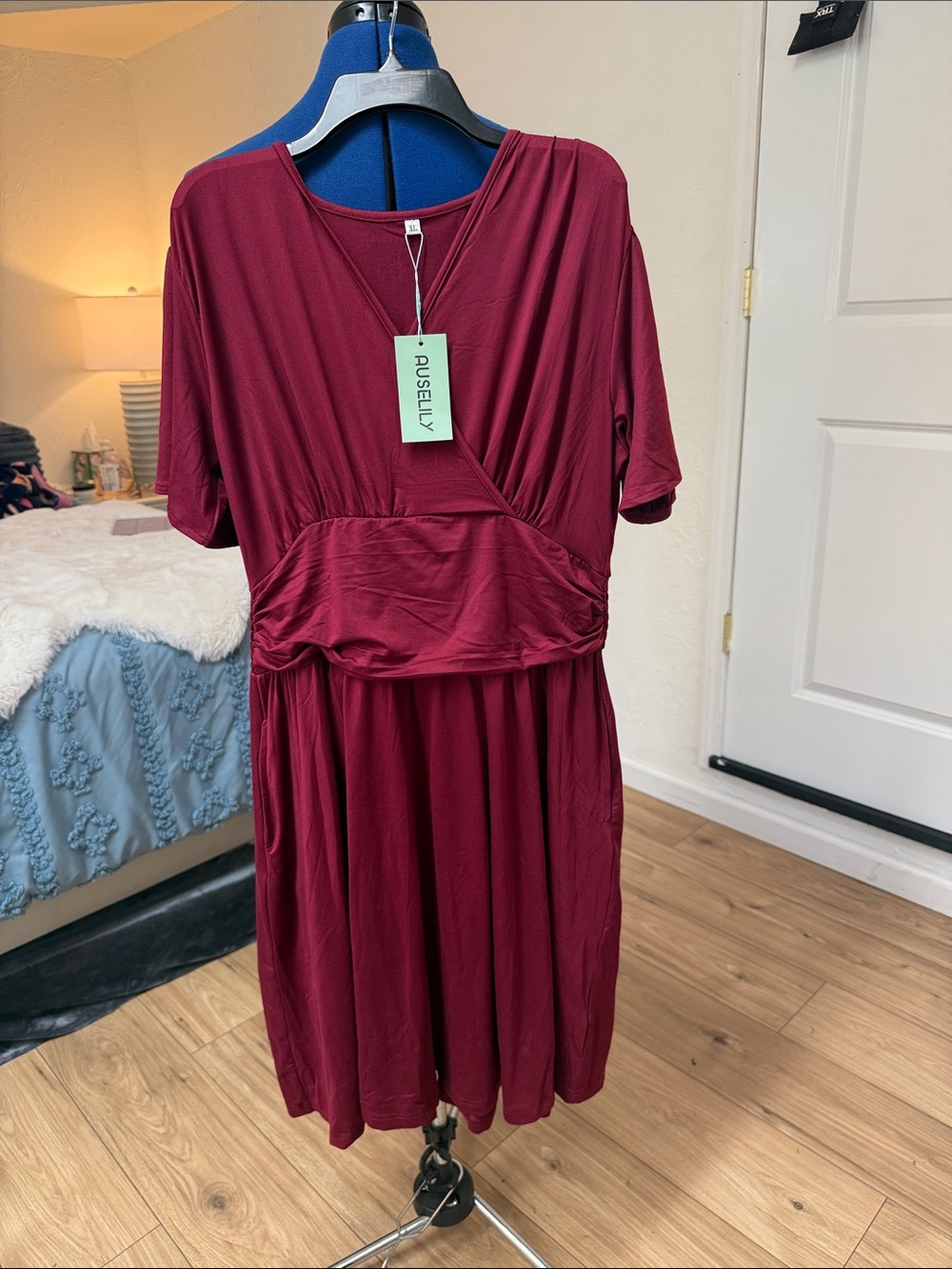 AUSLILY Women's Burgundy Faux-Wrap Midi Dress